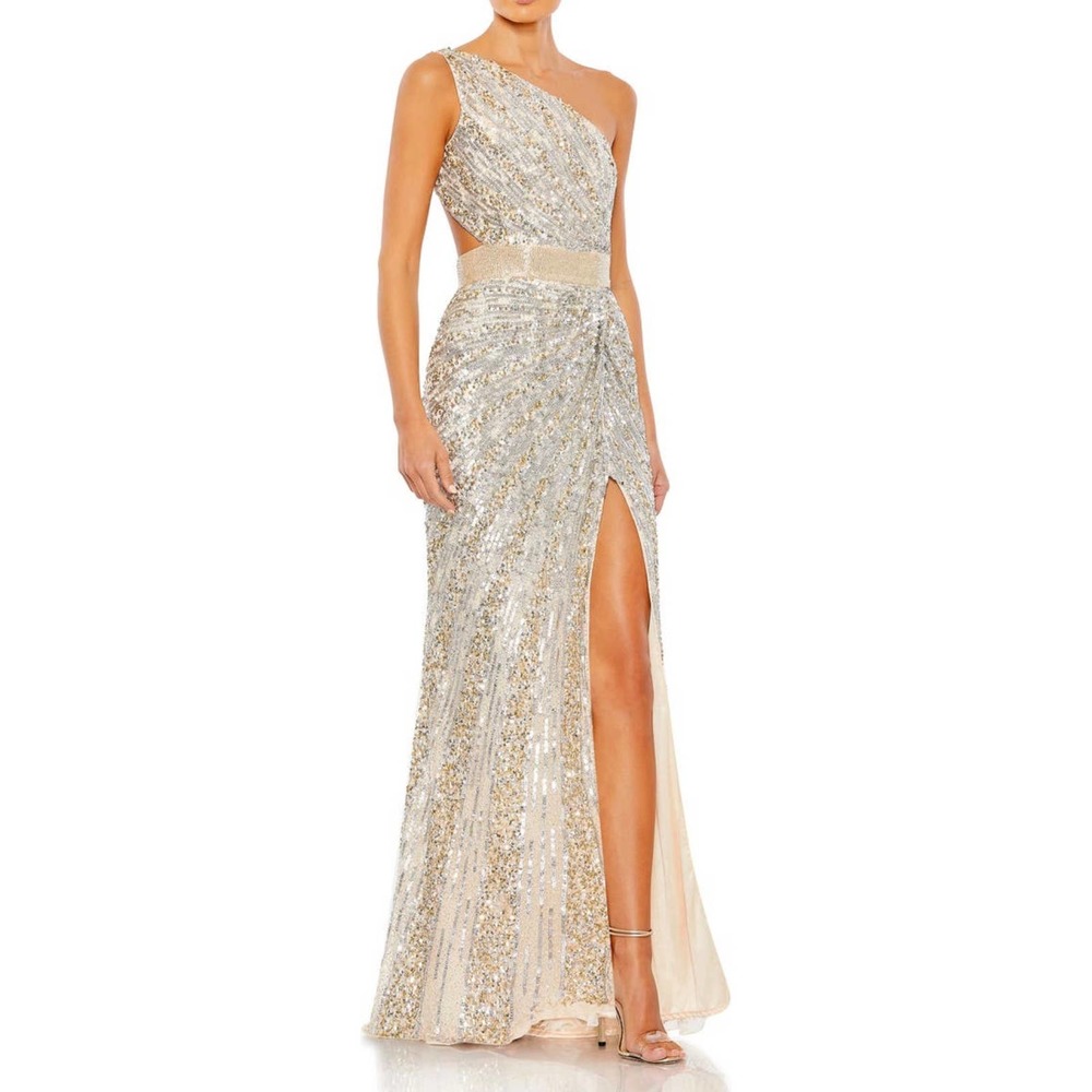 Mac Duggal One-Shoulder Sequined Ivory and Gold Evening Gown